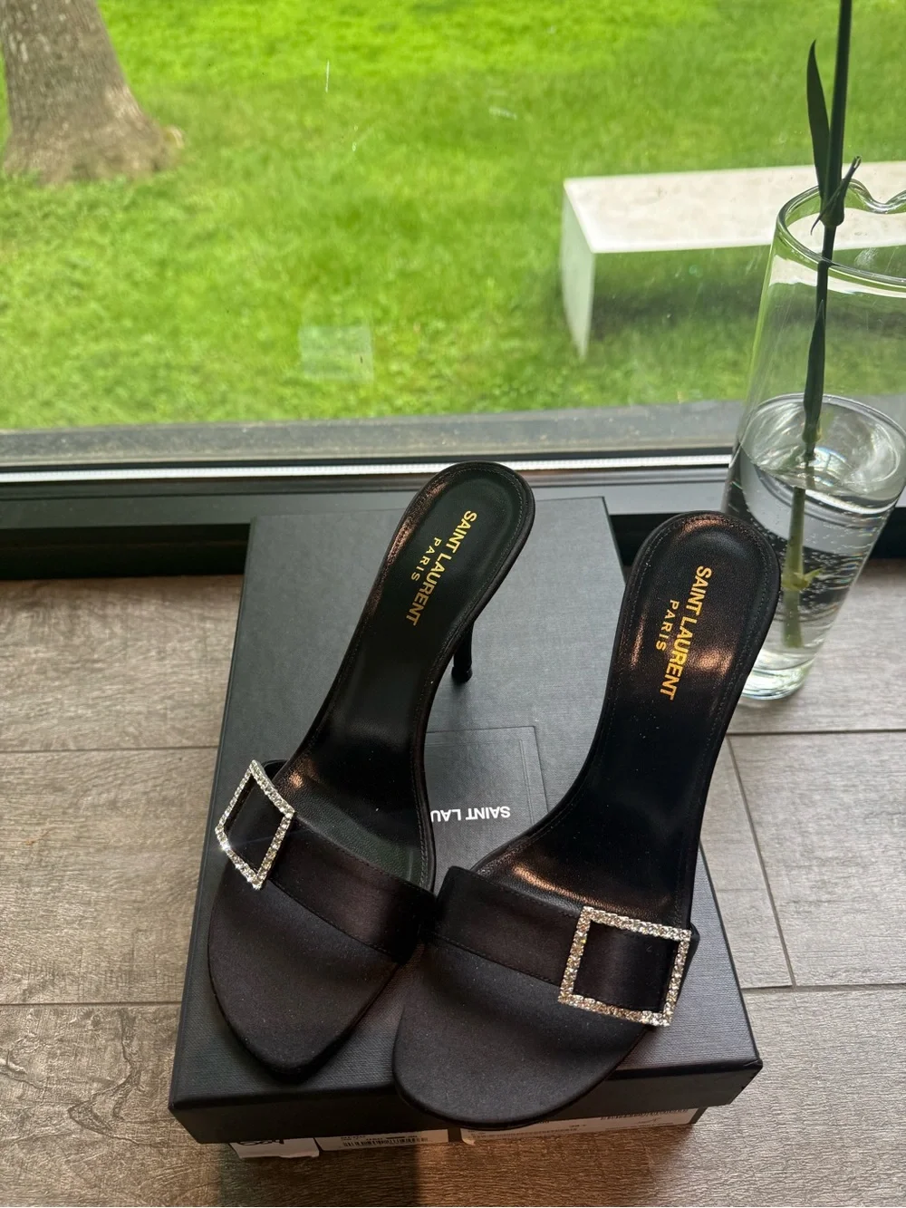 Saint Laurent Black Satin Crystal-Buckle Heeled Mules - Picture 5 of 5